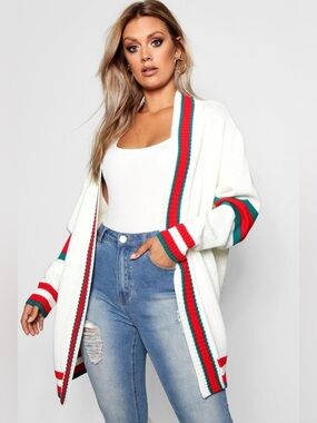 New Boohoo Cream Stripe Open Front Cardigan Red Green Trim Knit Sweater 12 NWT